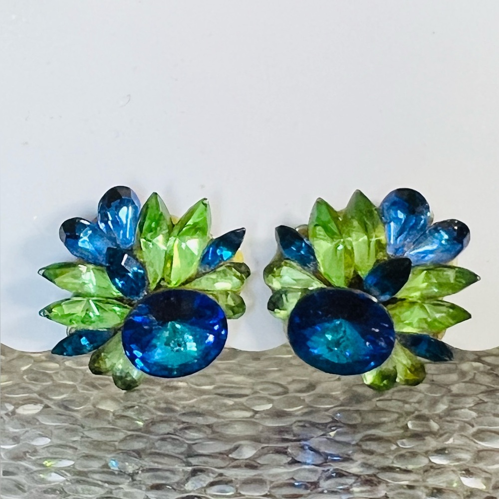 Michele Sugar 1980s blue & green vintage clip earrings